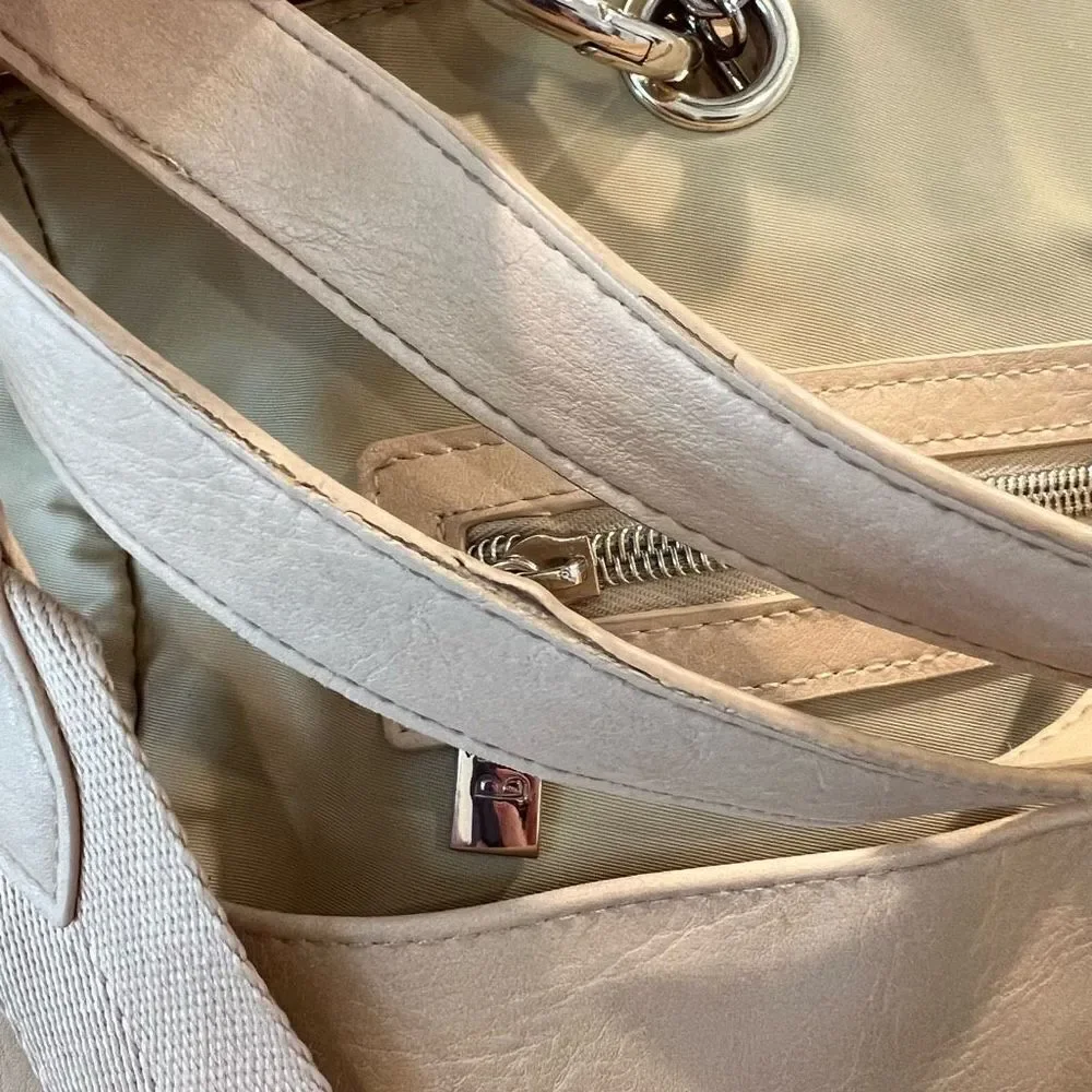 Beis The Baby Bag in Beige Buffalo Trim Vegan Leather 5 Pockets Gold Hardware